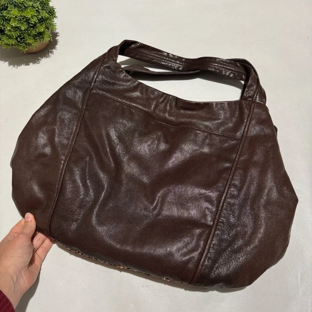 Banana Republic Vtg Y2K Brown Leather Hobo Shoulder‎ Bag Purse Gold Sequin Fall